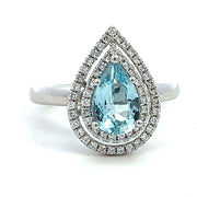 14K White Gold Aquamarine Double Diamond Halo Fashion Ring